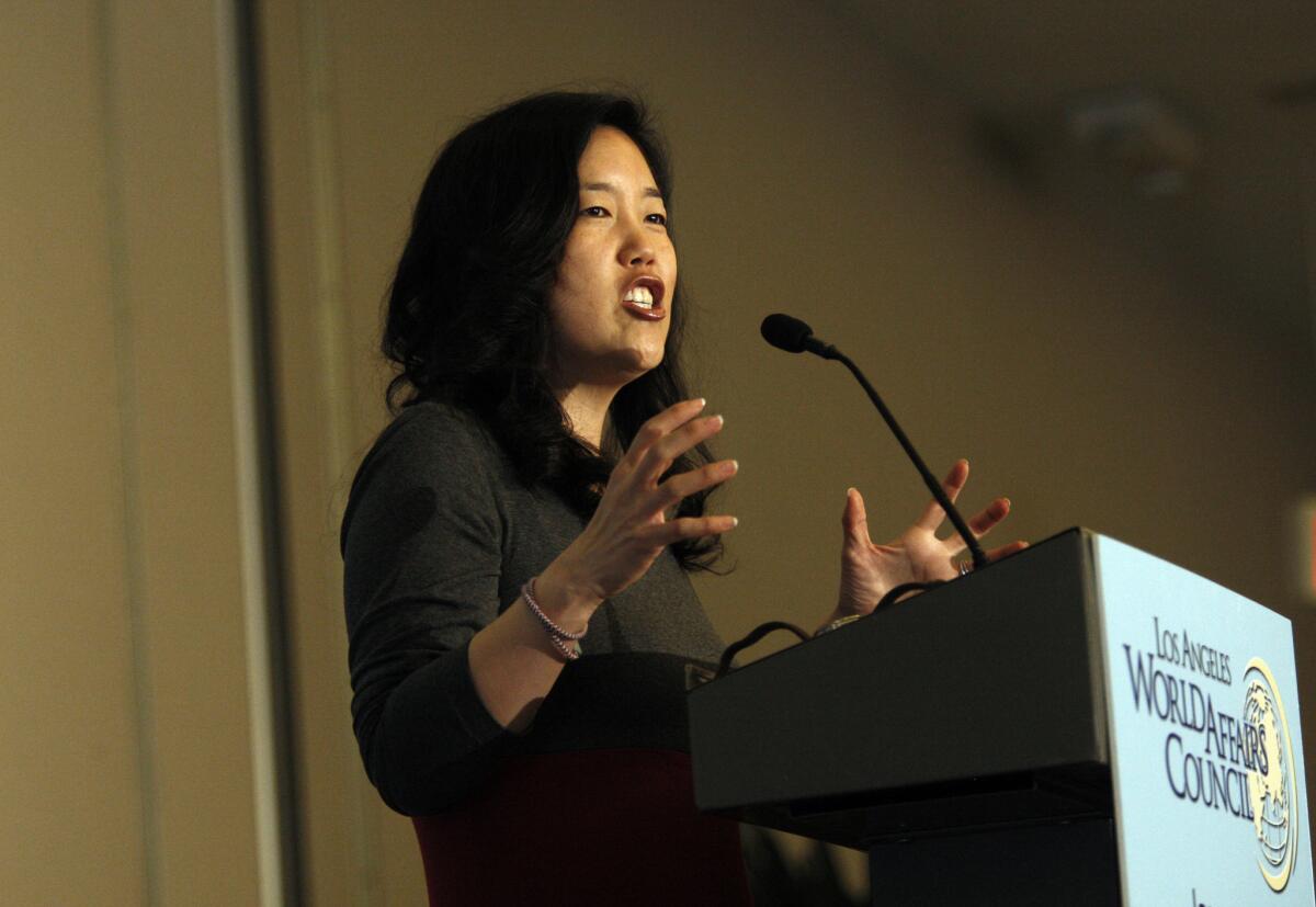 Michelle Rhee gives a speech in Los Angeles last year. She is stepping down as head of StudentsFirst, an education advocacy group that pushes for teacher evaluation systems that are based largely on student performance.