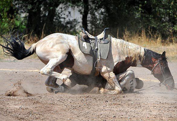 A man falls from a horse while playing the traditional central Asian sport of kok-boru (ulak-tartysh) in Bishkek, Kyrgyzstan. The players on horseback compete for points by throwing a stuffed sheepskin into a well.