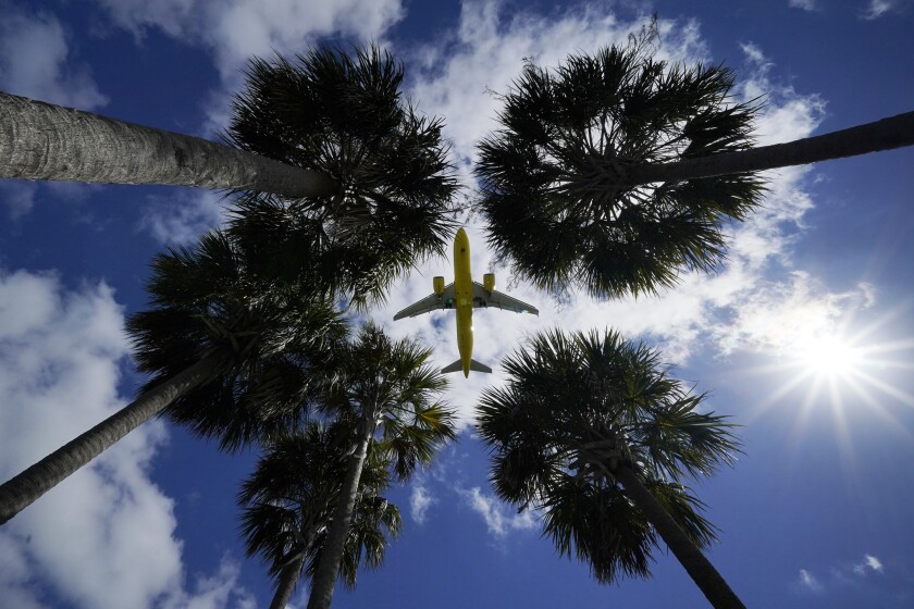FILE - In this Friday, March 19, 2021 file photo, an airliner lands at Tampa International Airport in Tampa, Fla. (AP Photo/Gene J. Puskar, File)