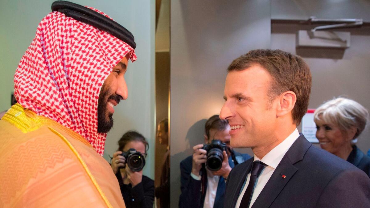 Saudi Crown Prince Mohammed bin Salman receives French President Emmanuel Macron in Riyadh on Nov. 9.