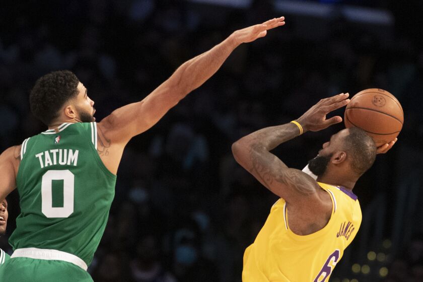 LOS ANGELES, CA - December 07 2021: Boston Celtics forward Jayson Tatum (0).