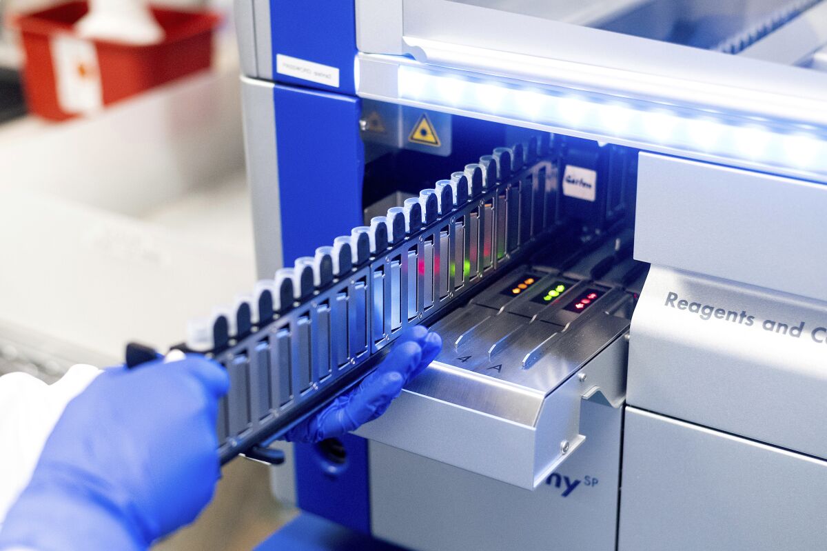 Gloved hands hold a rack of sample vials near lab equipment
