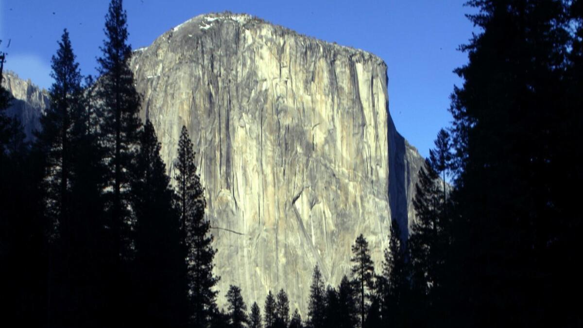 El Capitan in Yosemite National Park. Two climbers fell Saturday while climbing the Freeblast route on the sheer granite rock, the park service said.