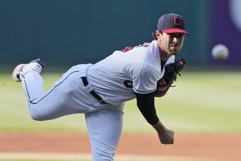 Cleveland Indians starting pitcher Shane Bieber delivers in the first inning of a baseball game against the Chicago Cubs, Tuesday, May 11, 2021, in Cleveland. (AP Photo/Tony Dejak)