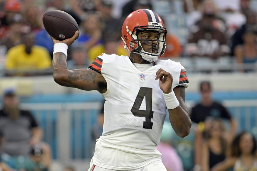 Cleveland Browns quarterback Deshaun Watson throws a pass during a preseason game Friday against the Jacksonville Jaguars. 