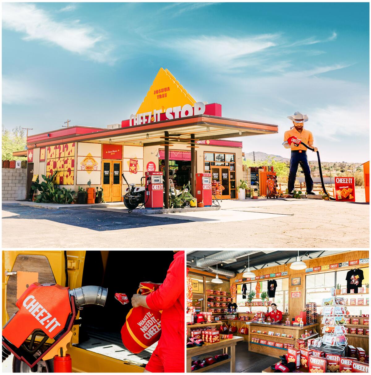Trio of images of a Cheez-It-themed store.