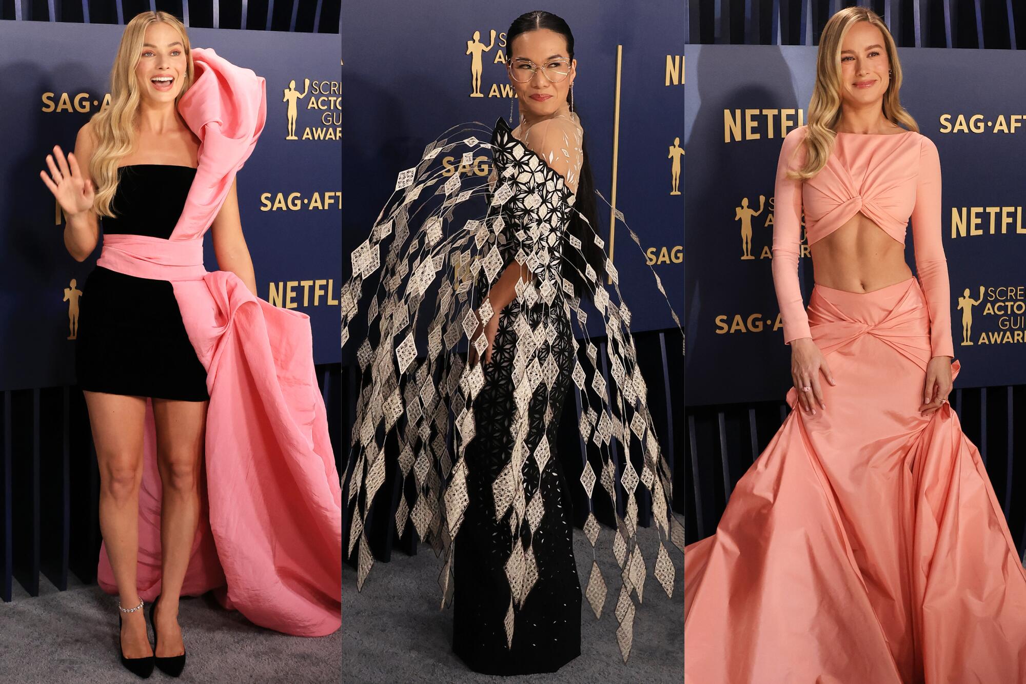 Margot Robbie, Ali Wong and Brie Larson wear gowns at the SAG Awards. 