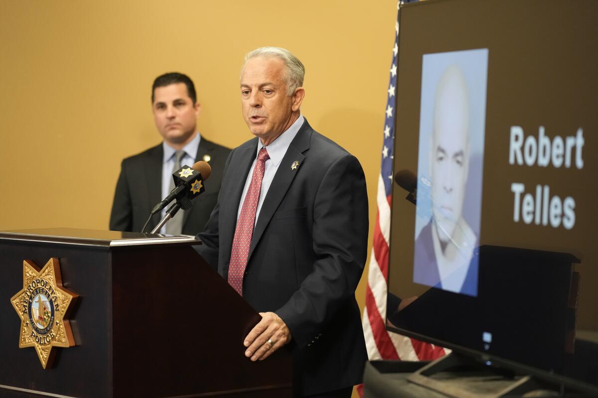 Clark County Sheriff Joe Lombardo speaks at a news conference on the arrest of Clark County Public Administrator Robert "Rob" Telles, Thursday, Sept. 8, 2022, in Las Vegas. Telles was arrested Wednesday in the fatal stabbing of Las Vegas Review-Journal reporter Jeff German, whose investigations of the official's work preceded his primary loss in June. (AP Photo/John Locher)