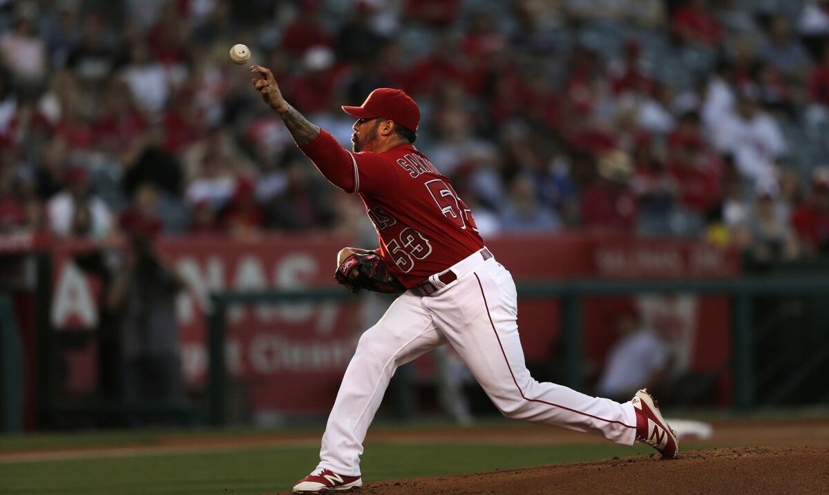 Angels starting pitcher Hector Santiago (53) throws a pitch against the Minnesota Twins in the first inning.