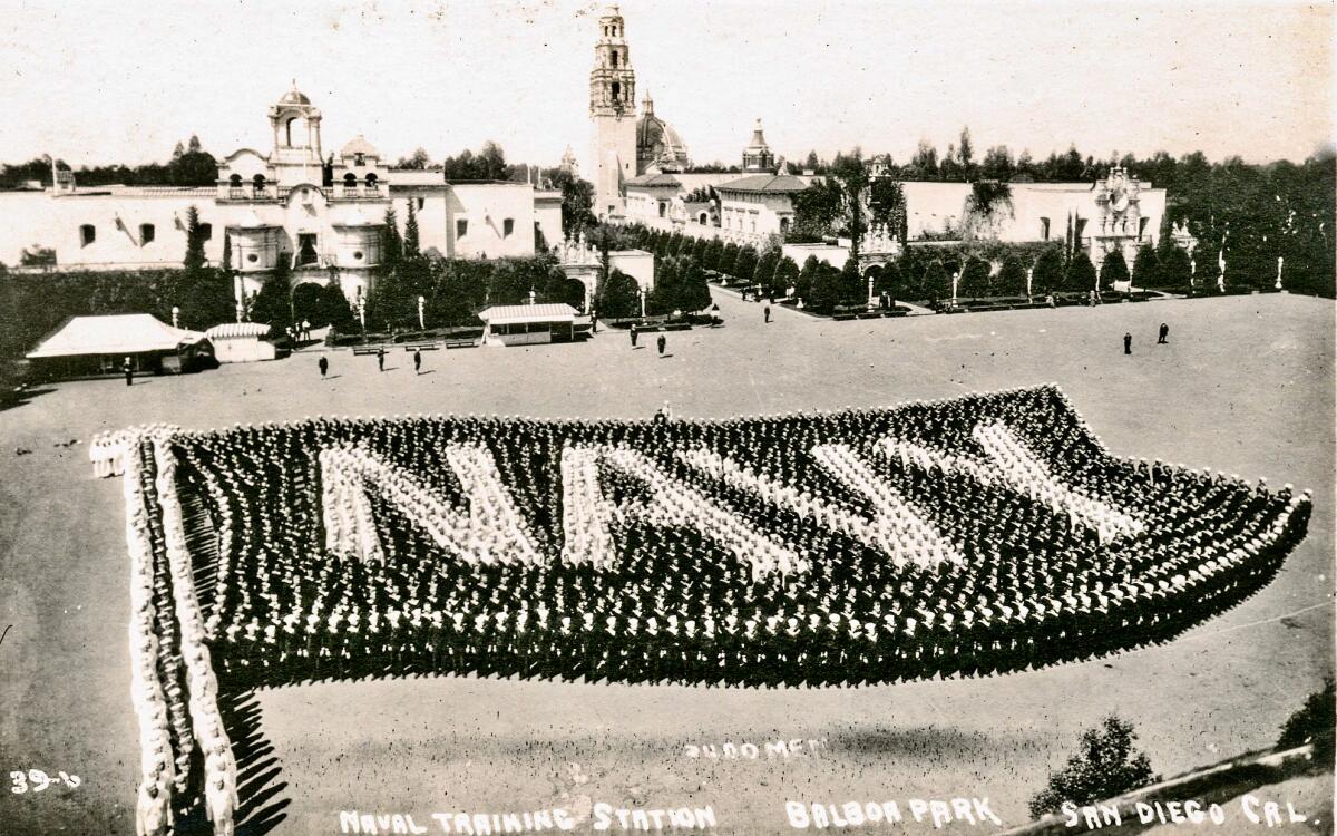 Navy recruits parade in the Plaza de Panama at San Diego's Balboa Park in 1919.
