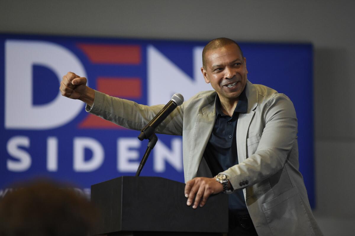 South Carolina state Sen. Marlon Kimpson fires up the crowd ahead of a town hall meeting with Joe Biden in July in Charleston, S.C.