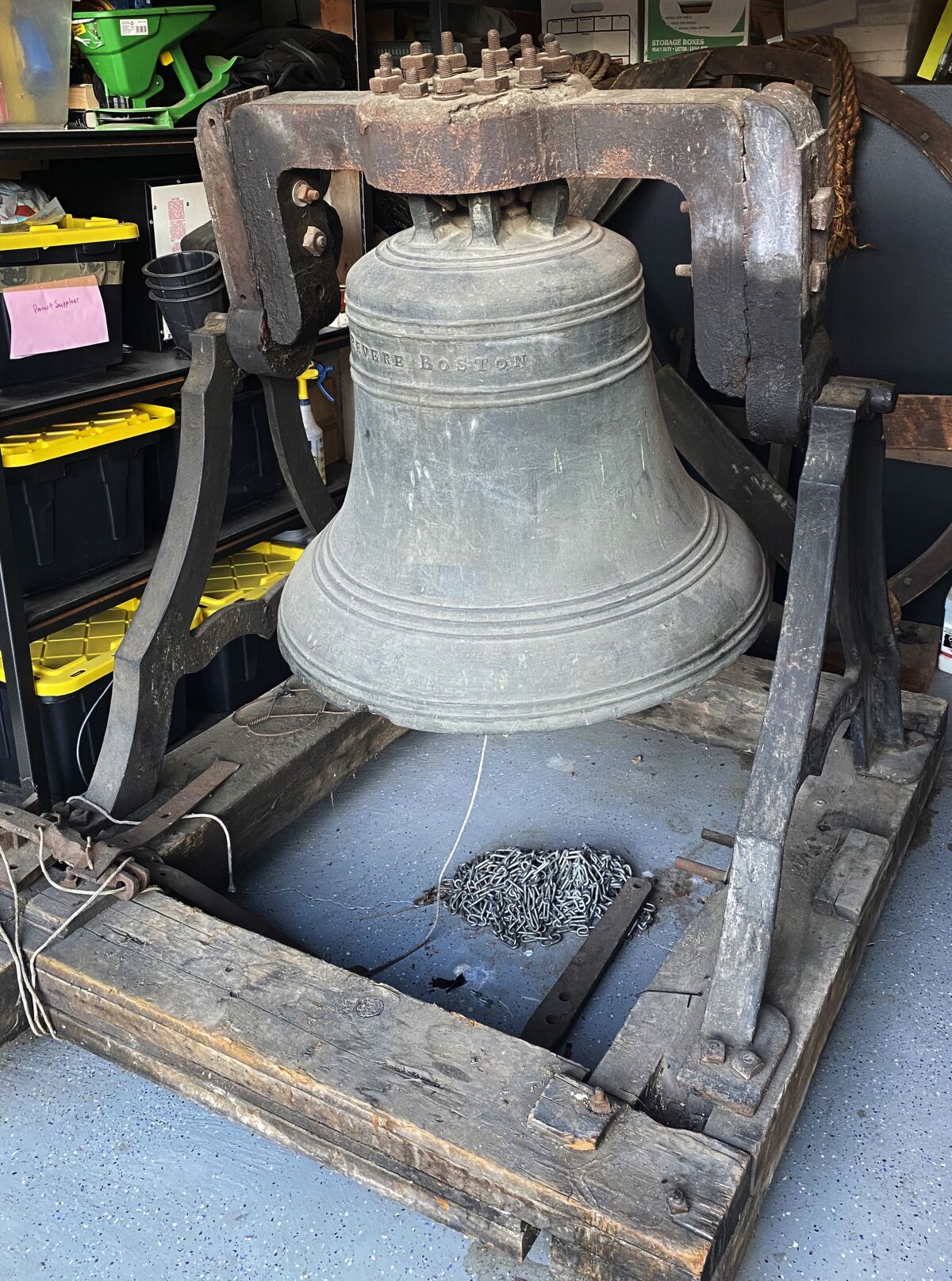 In this handout photograph provided by Amy Miller, a bronze bell forged in 1834 by Paul Revere's son, Joseph Warren Revere, is readied for shipping in Chino Hills, Calif., on Feb. 8, 2022, for transport to the Paul Revere Heritage Site in Canton, Massachusetts. Amy Miller, the daughter of the California couple who acquired the bell in 1984, says she and her brother donated it to the museum so the public could view and appreciate it. (Amy Miller photo via AP)