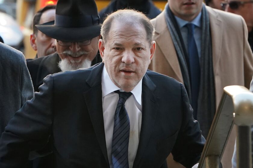 Harvey Weinstein arrives at the Manhattan Criminal Court, on January 22, 2020 for opening arguments in his rape and sexual assault trial in New York City. - Opening arguments in Harvey Weinstein's rape and sexual assault trial are due Wednesday, with the defense expected to detail "loving" emails between the once-mighty movie producer and his accusers. Weinstein, 67, faces life in prison if convicted of predatory sexual assault charges related to two women in the high-profile New York proceedings seen as key to the #MeToo movement. (Photo by TIMOTHY A. CLARY / AFP) (Photo by TIMOTHY A. CLARY/AFP via Getty Images) ** OUTS - ELSENT, FPG, CM - OUTS * NM, PH, VA if sourced by CT, LA or MoD **