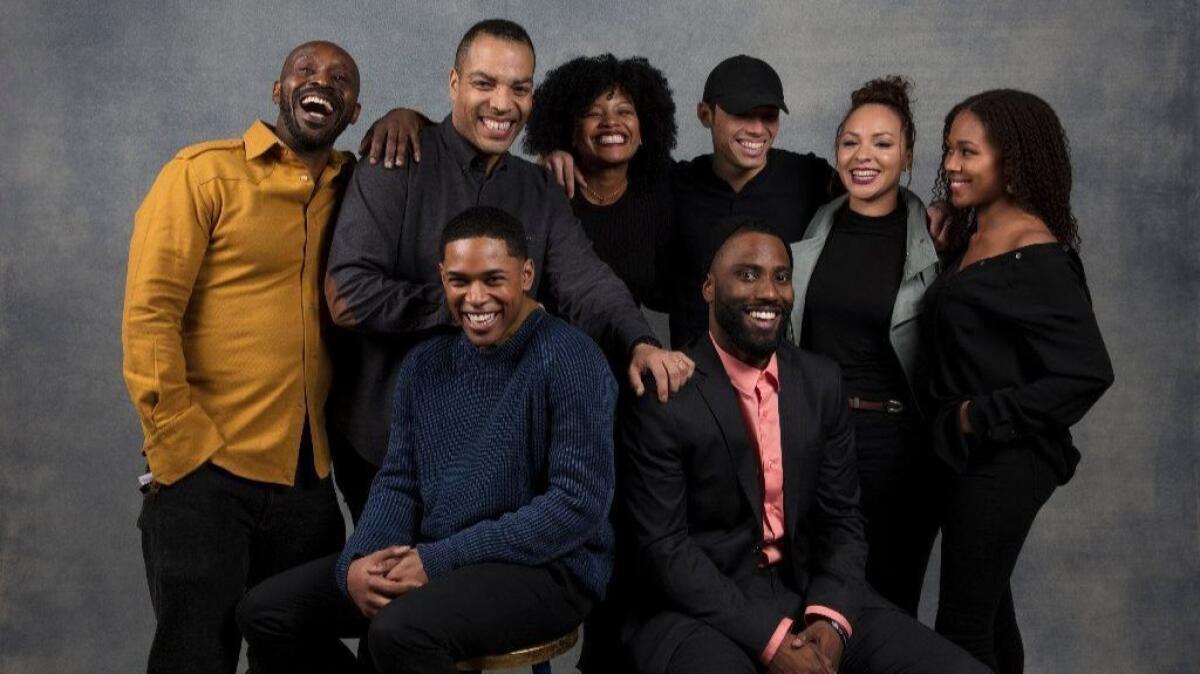 Rob Morgan, Kelvin Harrison Jr., writer-director Reinaldo Marcus Green, Chanté Adams, Anthony Ramos, John David Washington, Jasmine Cephas Jones and Nicole Beharie from the film "Monsters and Men."