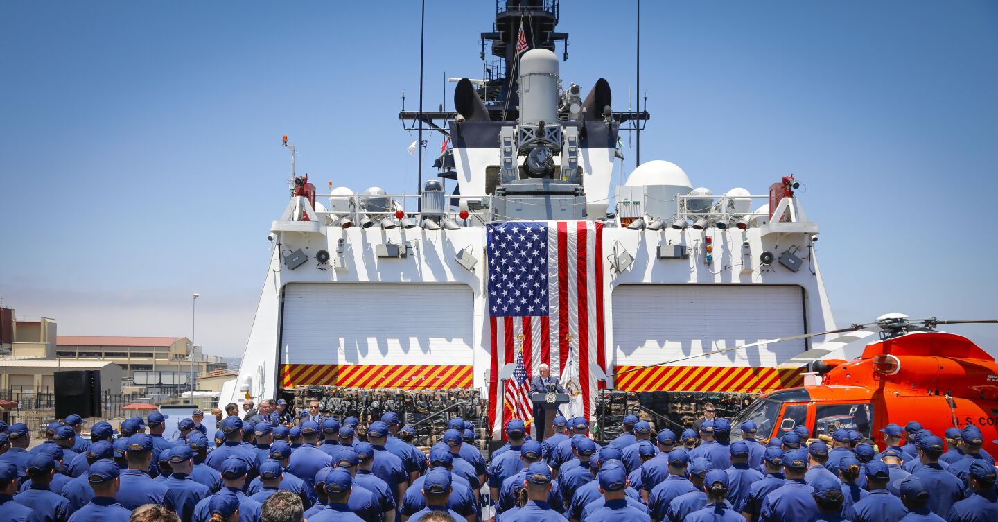 Vice President Mike Pence delivers remarks at Naval Air Station North Island aboard the U.S. Coast Guard cutter Munro, July 11, 2019, in Coronado, California during his first official trip to San Diego County since taking office. The Munro is tasked with seizing drugs in international waters. About 39,000 pounds of cocaine, and about 1,000 pounds of marijuana seized in the Eastern Pacific Ocean by the Coast Guard in the last few months, was on display during the visit, and offloaded after the Vice President left the base.