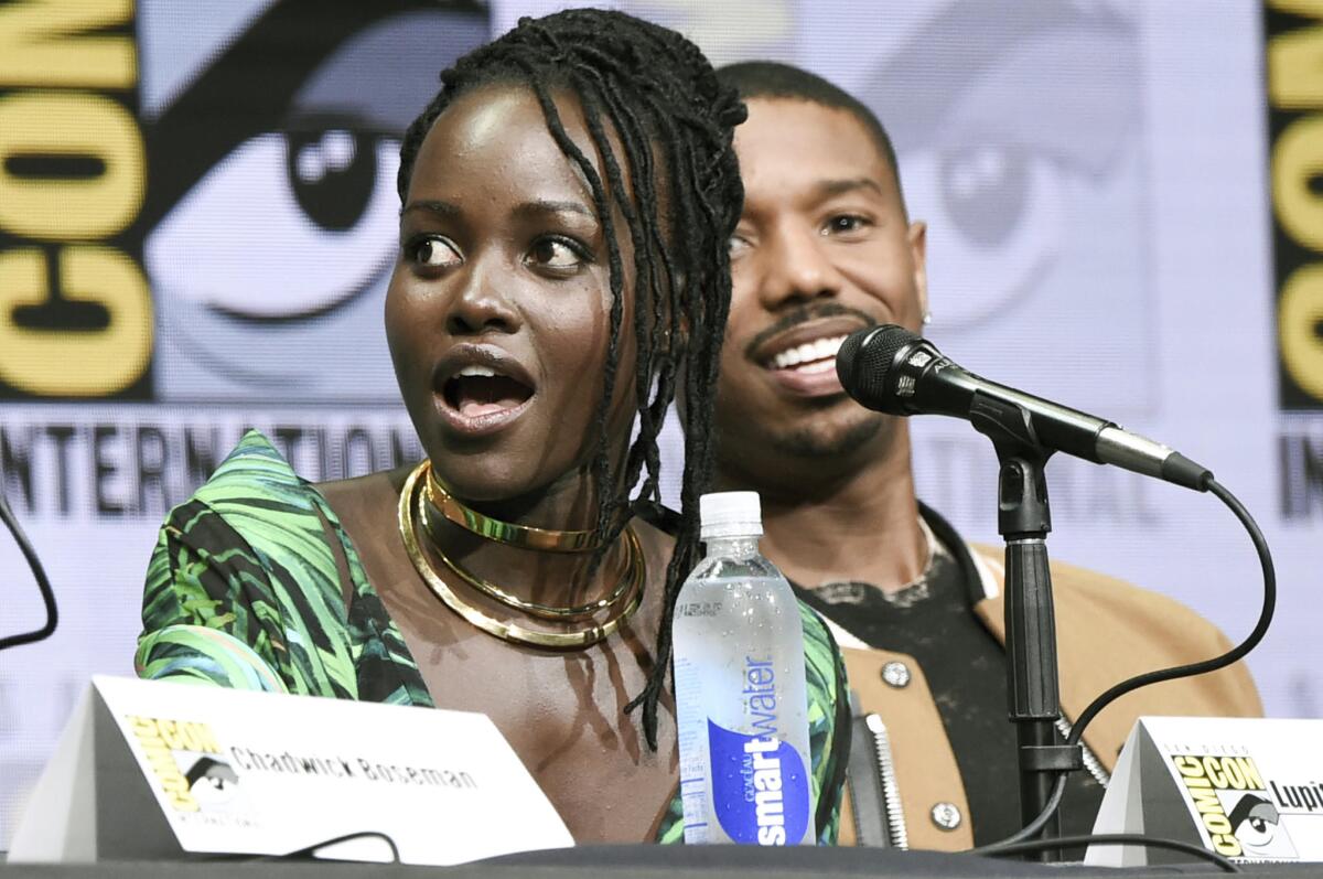 Lupita Nyong'o and Michael B. Jordan on the Marvel panel at San Diego Comic-Con on July 22, 2017.