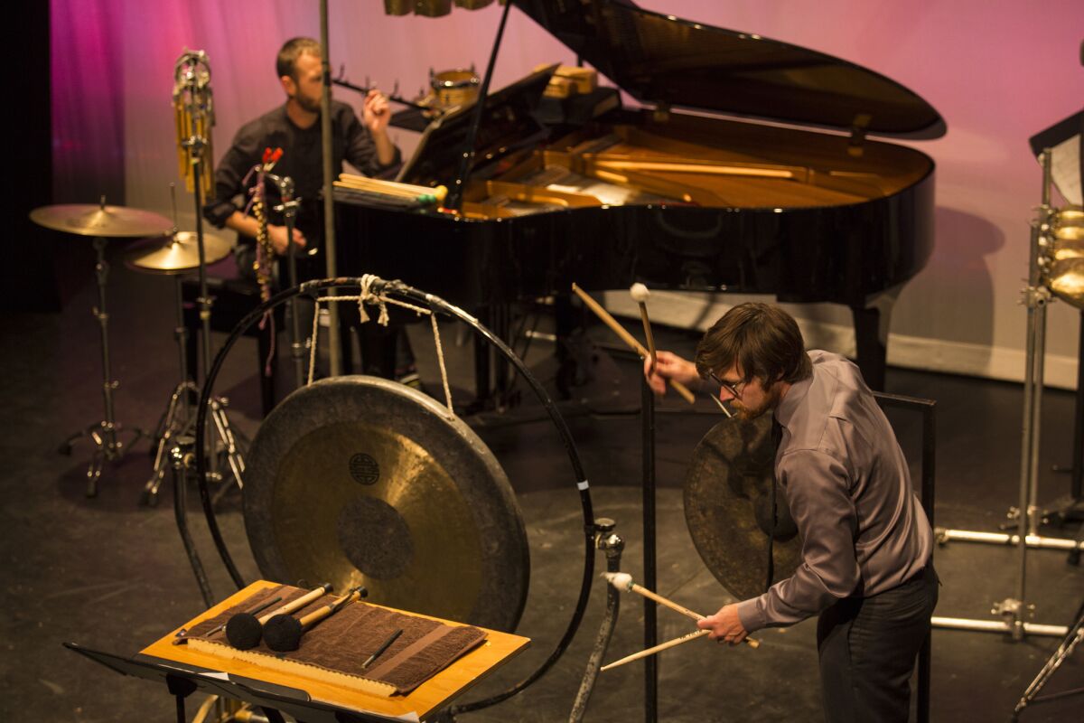 Pianist Todd Moellenberg and percussionist Ryan Nestor perform Stockhausen's "Kontakte" on Saturday night in Pasadena.
