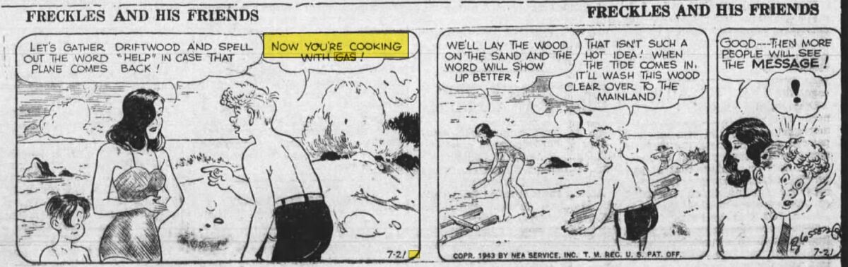 A man and woman on a desert island discuss rescue strategy in a 1940s comic strip.