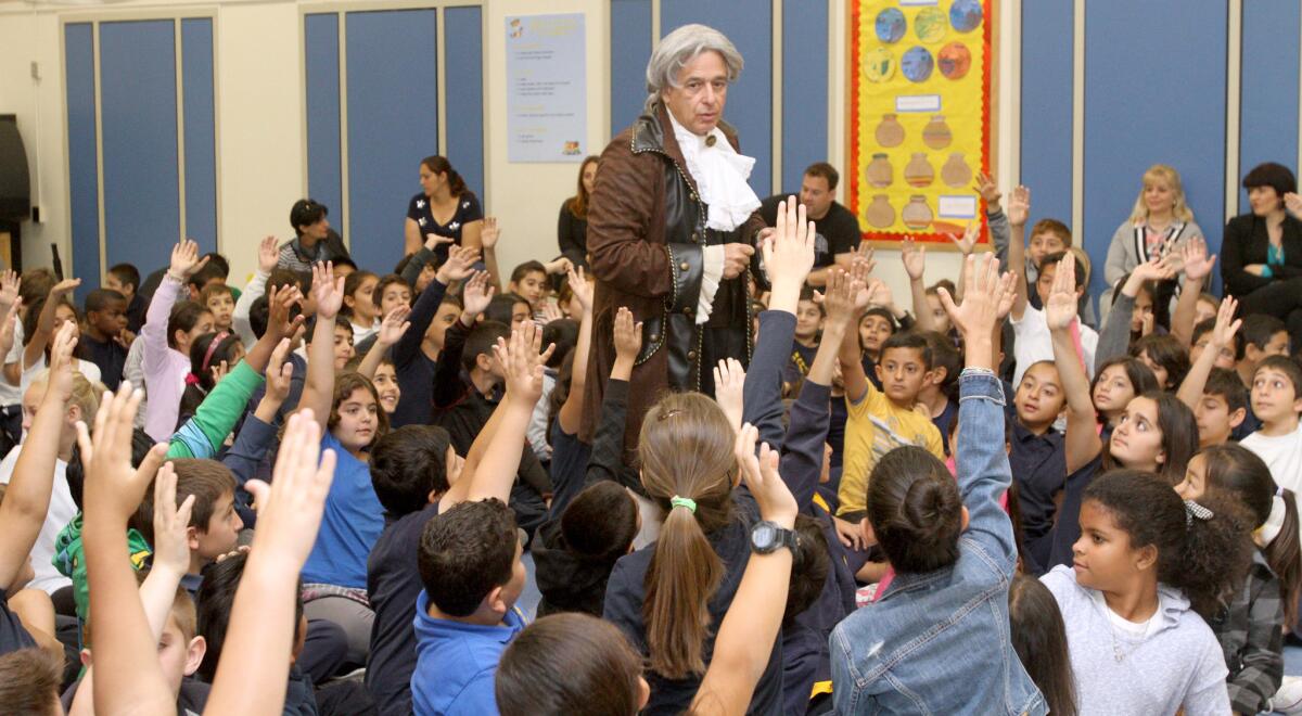 Thomas Jefferson, played by Peter M. Small of Costa Mesa, spoke to fifth-grade students at Jefferson Elementary School, in Glendale on the third U.S. president's 273rd birthday, Wednesday, April 13, 2016. Jefferson spoke in the first person about his accomplishments and his life during the early days of the United States.