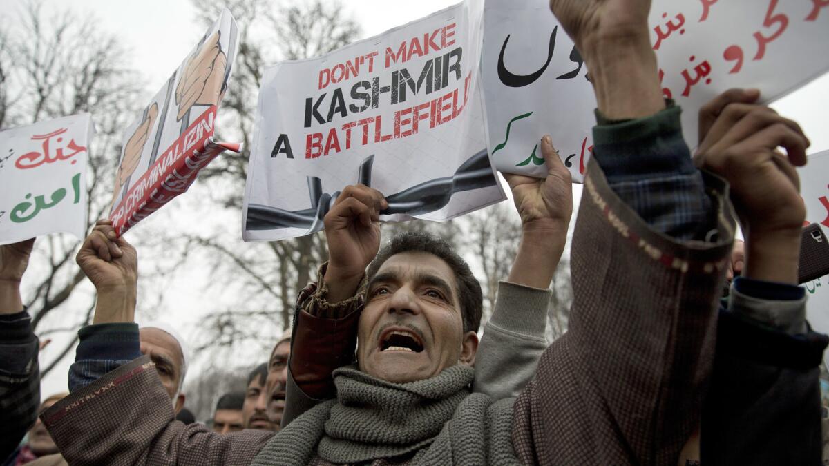 Kashmiri supporters of the People's Democratic Party protest in Srinagar, Indian-controlled Kashmir, on Saturday.