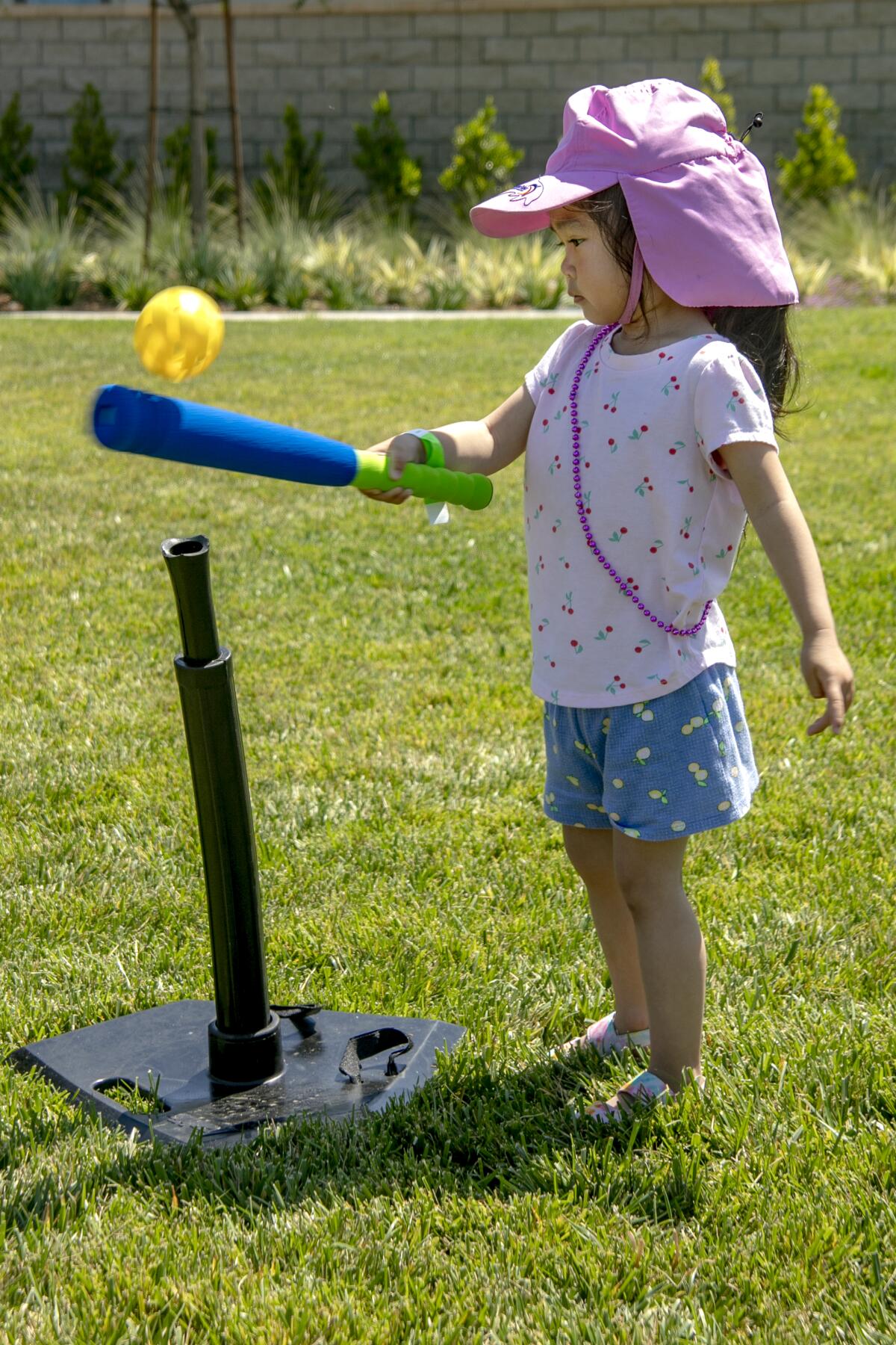 3-year-old Teal Lam cautiously smacks a wiffle ball in Moiola Park.