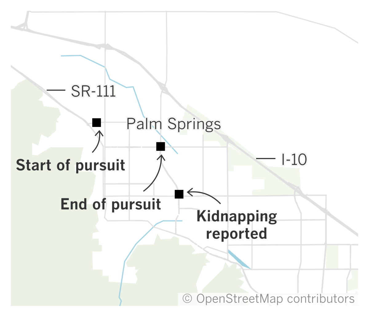 A map shows the location of a reported kidnapping and police pursuit in Palm Springs