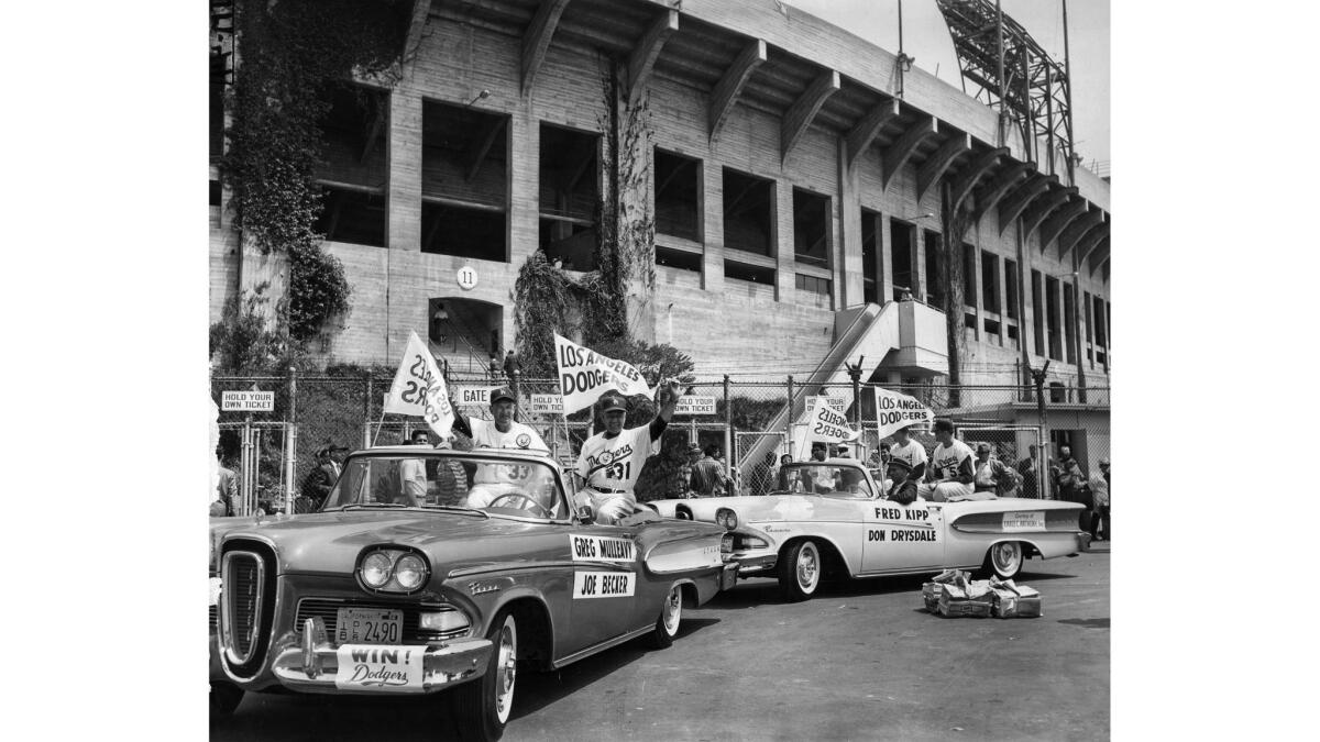 April 18, 1958: The Dodgers caravan arrives at the Memorial Coliseum to play the Giants.