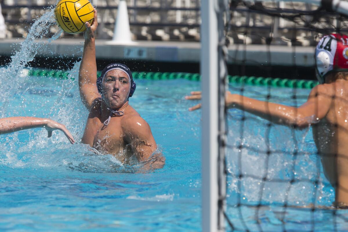 Senior defender Reed Stemler, shown shooting against Coronado on Sept. 7, is a key player for the Newport Harbor boys' water polo team.