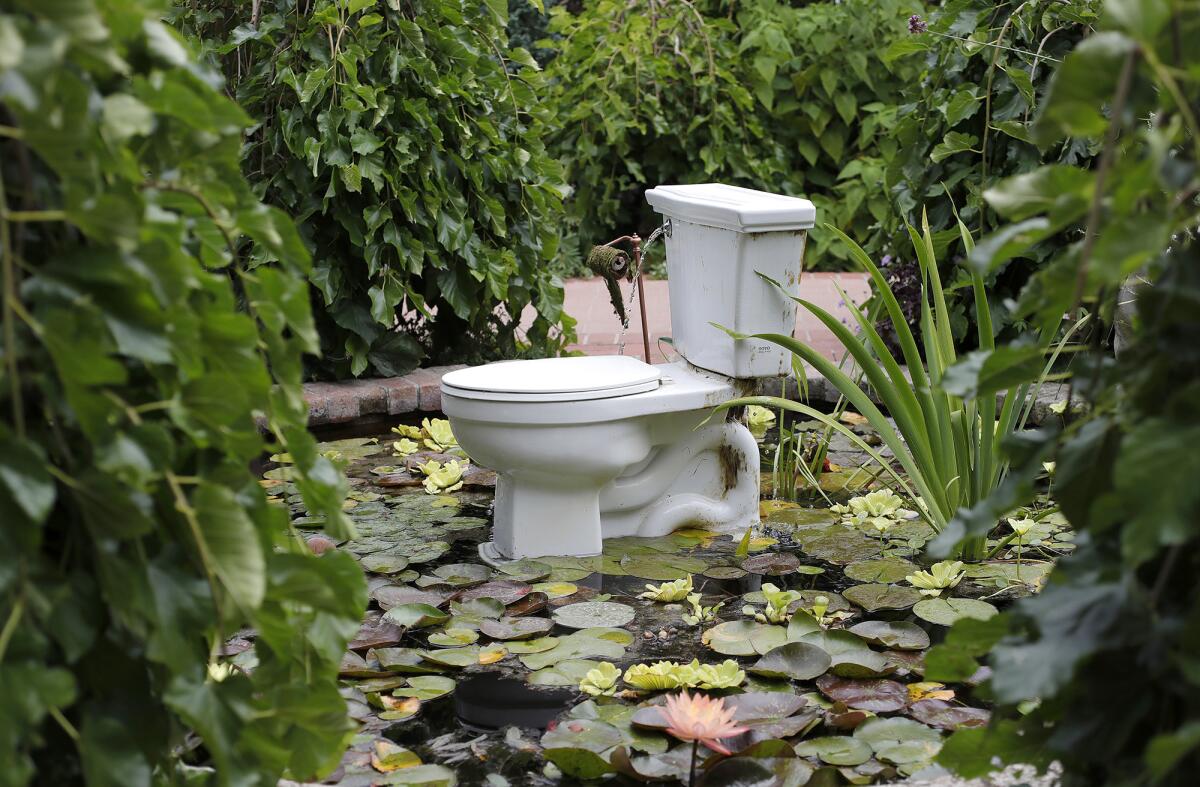 A clever botanical twist on a latrine in the lavatory display, part of the greenHOUSE exhibit at Sherman Gardens.