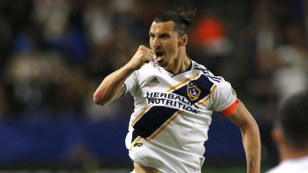 Zlatan Ibrahimovic of the Galaxy celebrates a goal during the second half against the Portland Timbers at Dignity Health Sports Park on March 31, 2019.