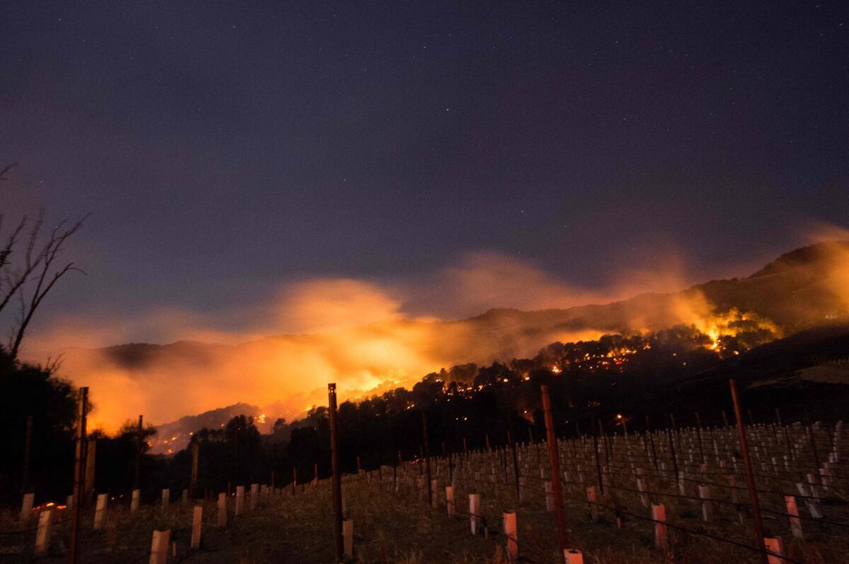 Fire glows on a hillside in Napa.
