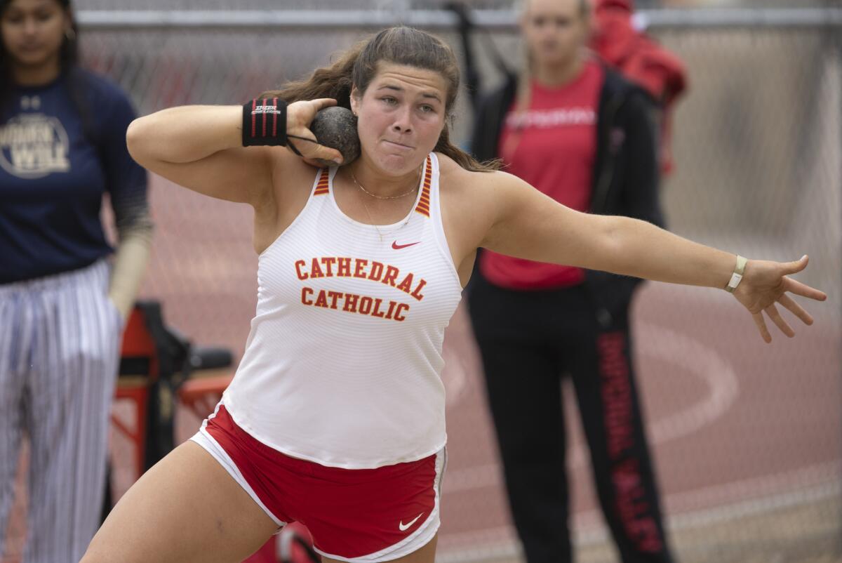 Cathedral Catholic's Kennedy Clarke wins the girls shot put during the CIF-San Diego Section track and field finals in May.