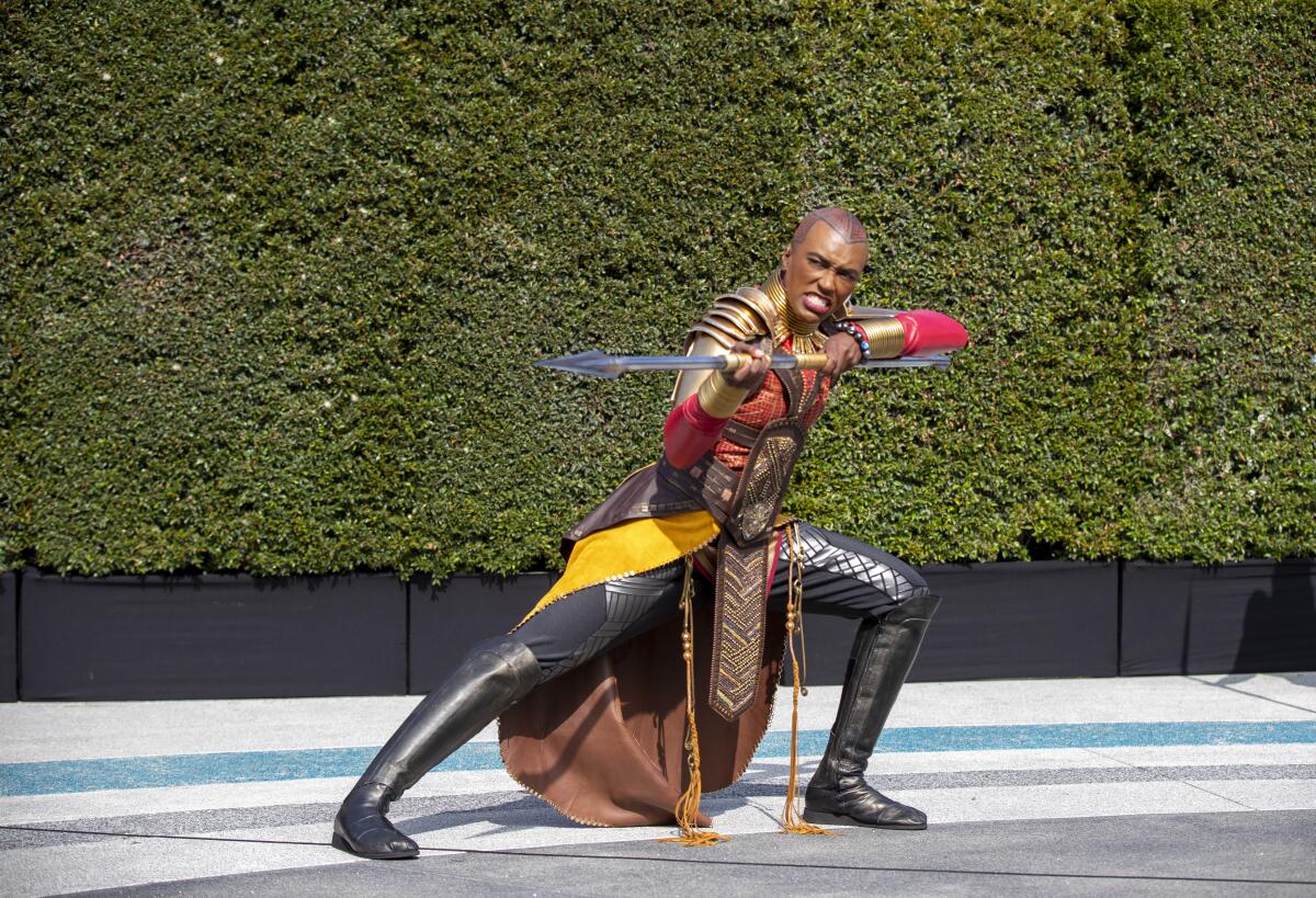 A warrior in costume from the "Black Panther" universe holds a spear in a fighter stance.