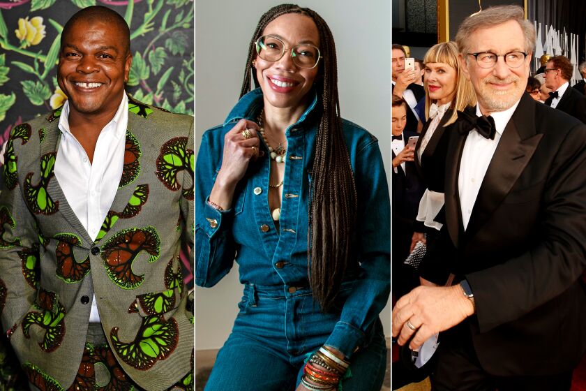 From left, Kehinde Wiley, Amy Sherald and Steven Spielberg.