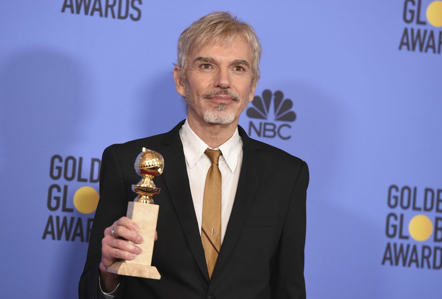 Billy Bob Thornton with his award for lead actor in a TV drama for "Goliath."