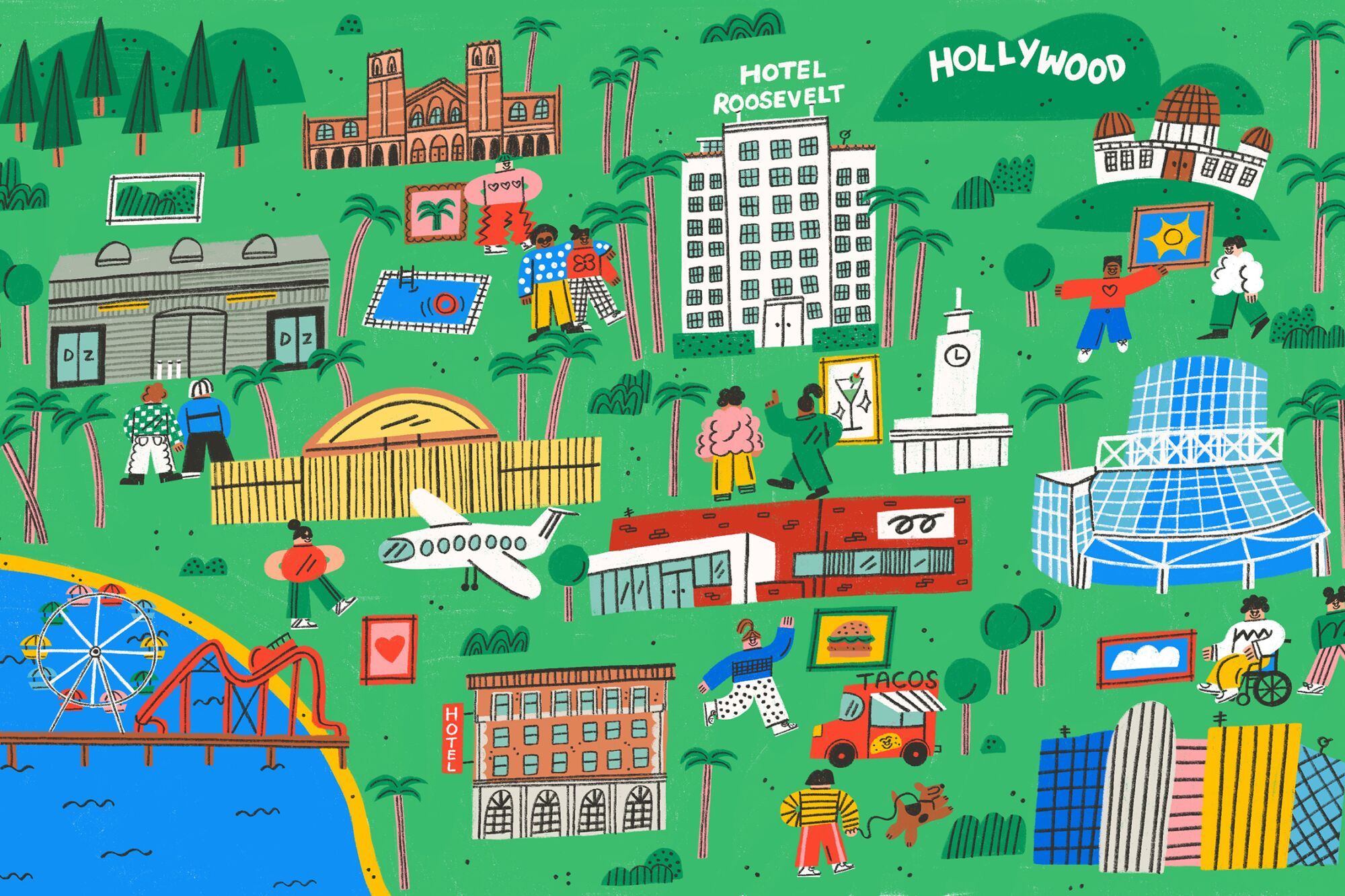 Illustration of various buildings across Los Angeles