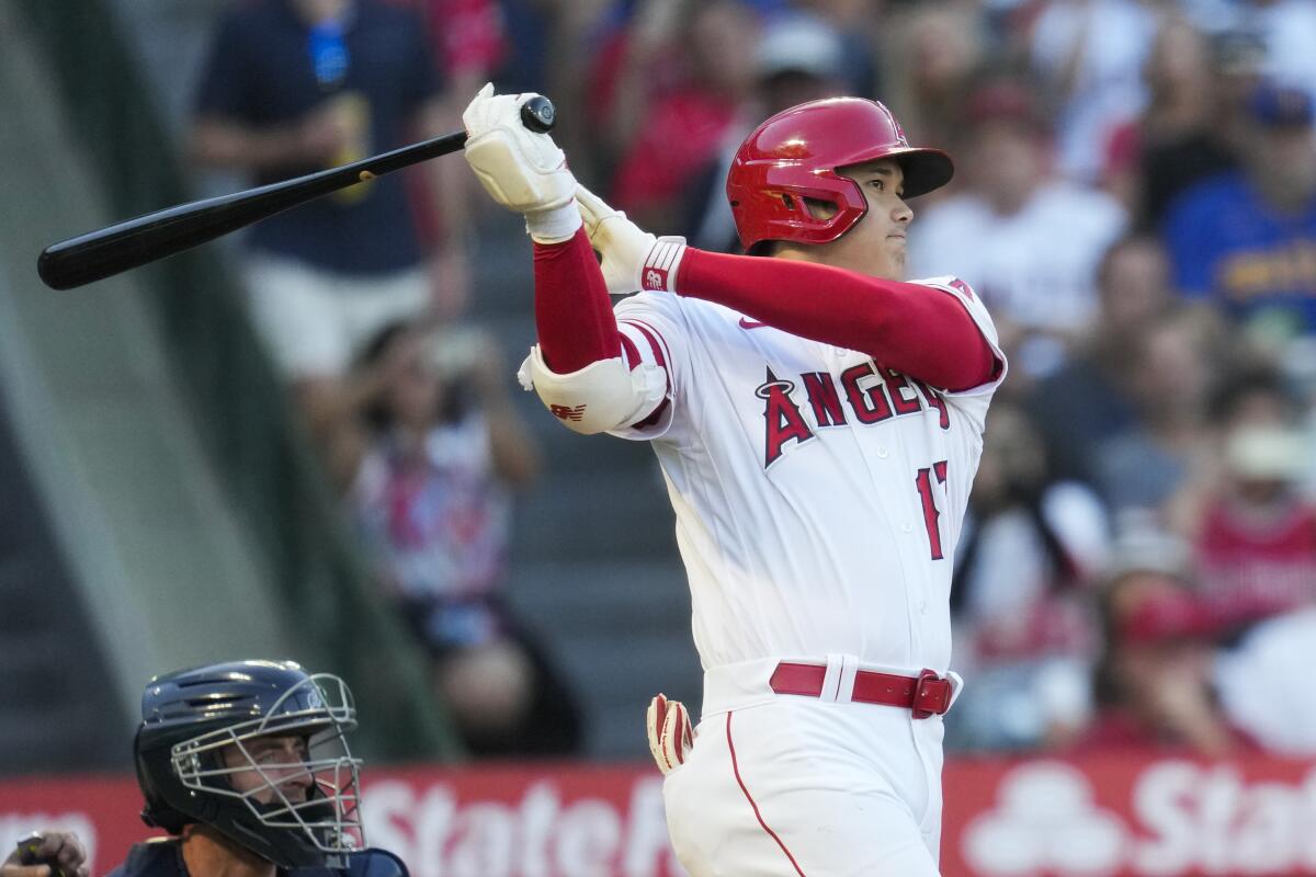 The Angels' Shohei Ohtani lines out against the Seattle Mariners.