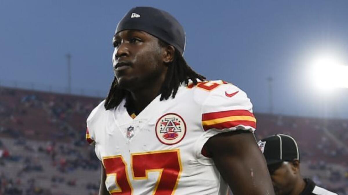 Kansas City running back Kareem Hunt walks off the field prior to a game against the Rams on Nov. 19.