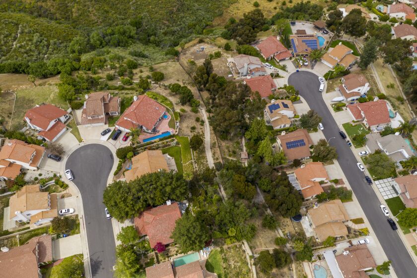 GRANADA HILLS, CALIF. -- TUESDAY, MAY 21, 2019: Aerial photographs of homes in California State Senate Majority Leader Robert Hertzberg's 18th district in Granada Hills, Calif., on May 21, 2019. (Brian van der Brug / Los Angeles Times)