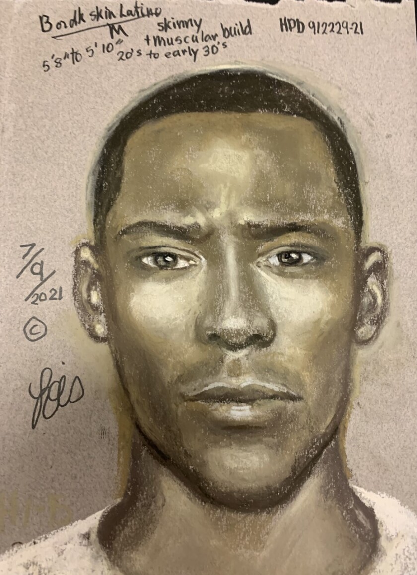 This sketch provided by the Houston Police Department shows the suspect in a July 6, 2021, road rage shooting in which 17-year-old David Castro was killed on the way home from a Houston Astros baseball game. Detectives are working to identify and locate the unidentified suspect. (Houston Police Department/Houston Chronicle via AP)