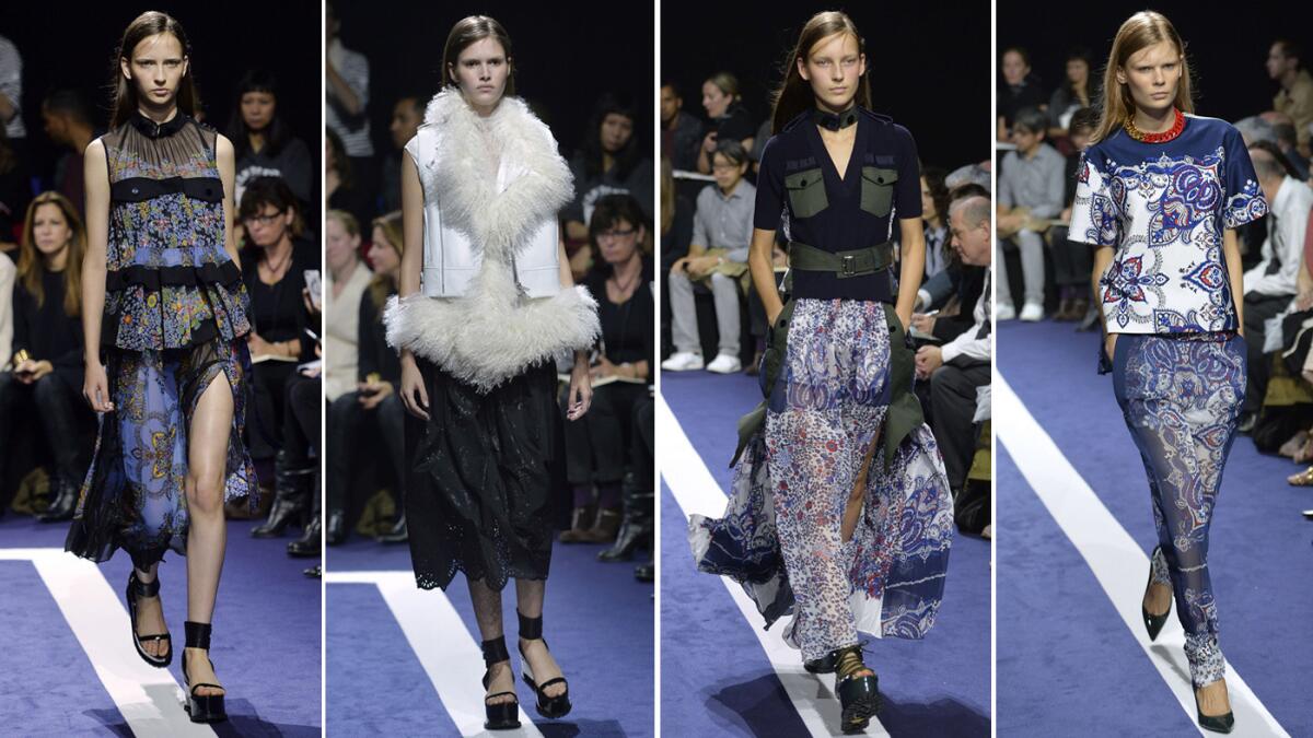 Four looks from the Sacai Spring/Summer 2015 collection.