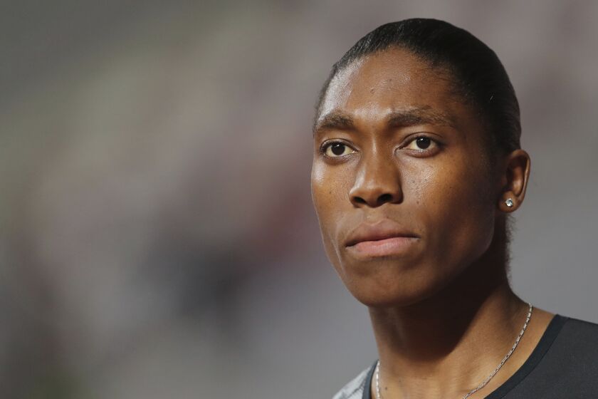 FILE - South Africa's Caster Semenya is shown at the Diamond League athletics event in Doha, Qatar, May 3, 2019. Track and field banned transgender athletes from international competition Thursday, March 23, 2013, while adopting new regulations that could keep Caster Semenya and other athletes with differences in sex development from competing. (AP Photo/Kamran Jebreili, File)