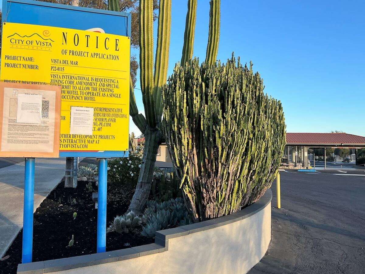 A sign outside the closed Motel 6 on Mar Vista Drive gives notice of its planned conversion into an SRO.
