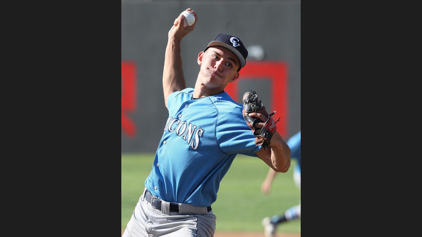 Crescenta Valley's pitcher William Smiley in the fourth inning against Glendale in a Pacific League baseball game at Glendale High School on Tuesday, March 28, 2017. Crescenta Valley won the game 6-0.