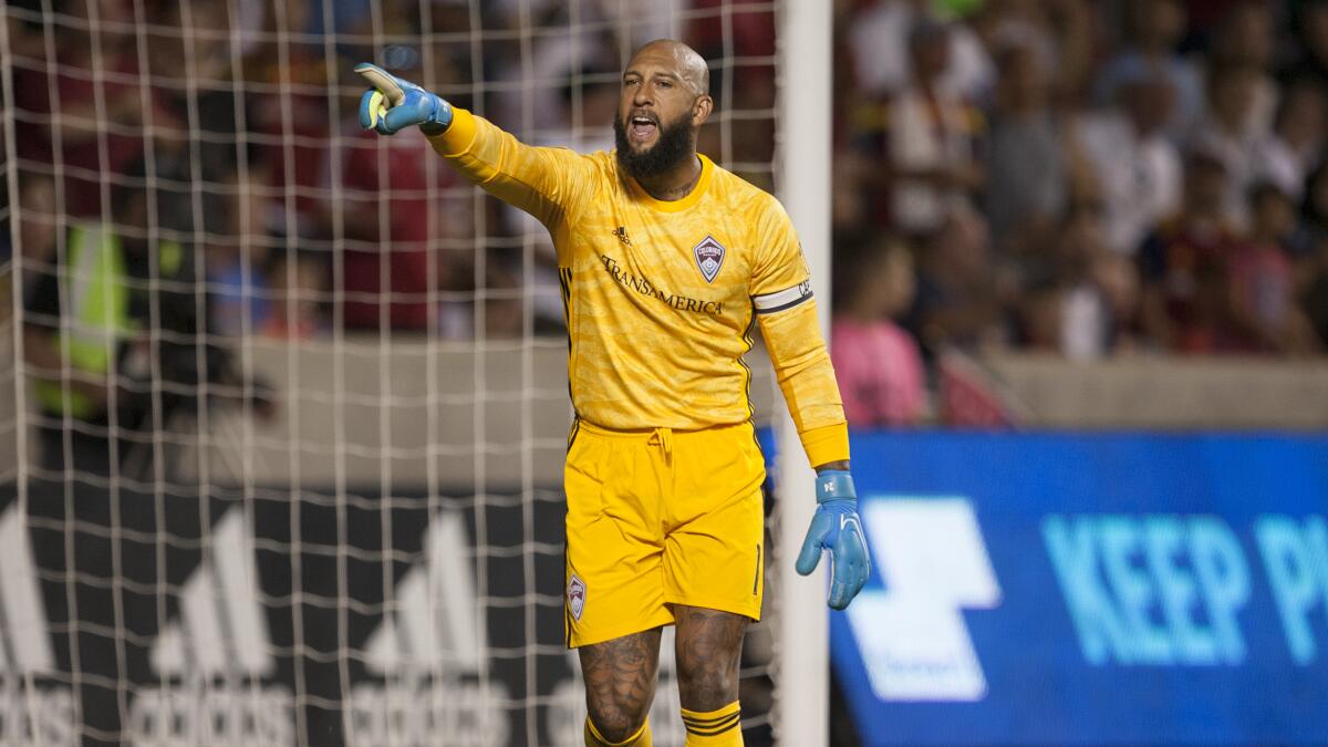 Colorado goalkeeper Tim Howard is shown during a game against Real Salt Lake on Aug. 24, 2019, in Sandy, Utah.