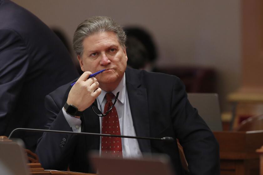 In this Thursday, May 16, 2019 photo, state Sen. Bob Hertzberg, D- Van Nuys, at the Capitol in Sacramento, Calif. The California Senate approved Hertzberg's bill, SB51, on Tuesday May 21, 2019, that would create special banks to handle money from legal marijuana retailers. The bill now goes to the Assembly for consideration. (AP Photo/Rich Pedroncelli)
