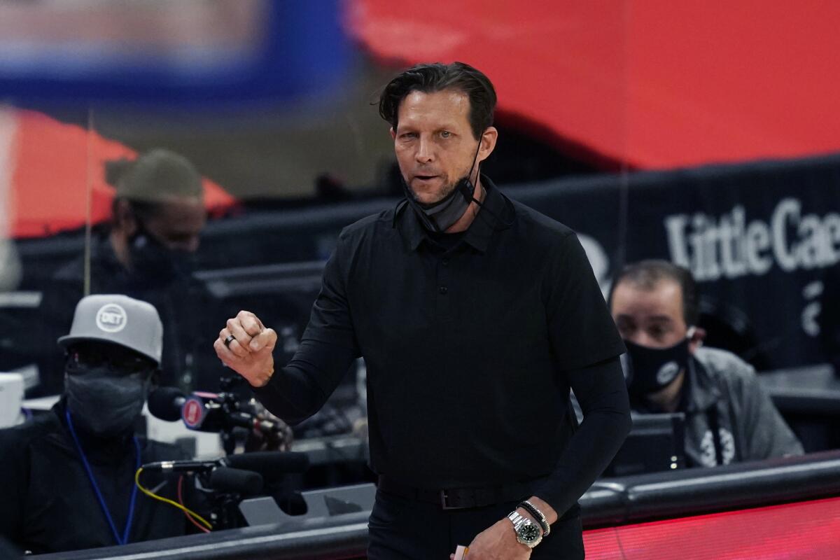 Utah Jazz coach Quin Snyder looks on during a game against the Detroit Pistons on Jan. 10.