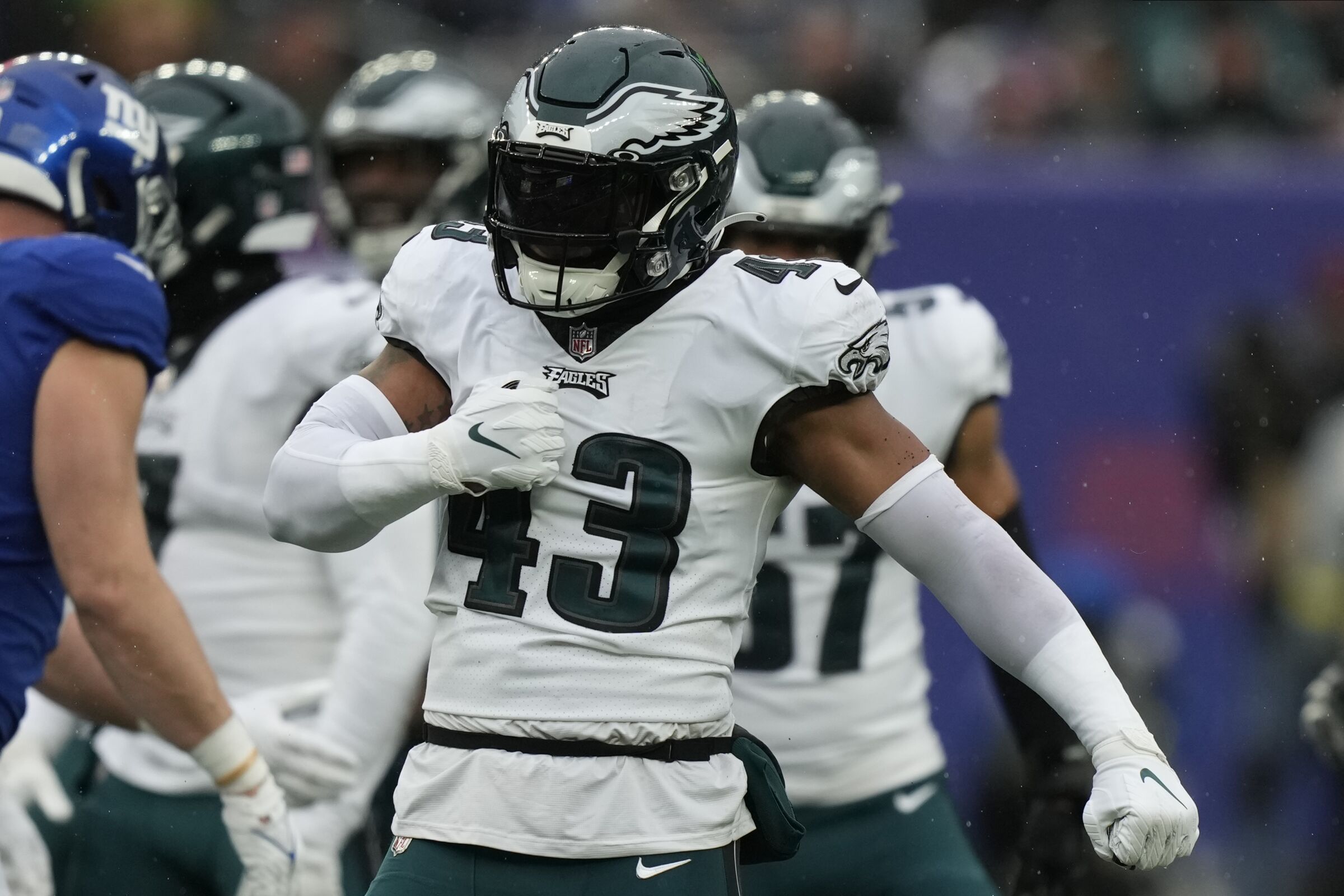 Philadelphia Eagles linebacker Kyzir White (43) reacts after a play against the New York Giants.
