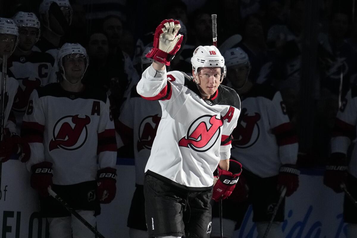 First star New Jersey Devils goaltender Vitek Vanecek (41) waves