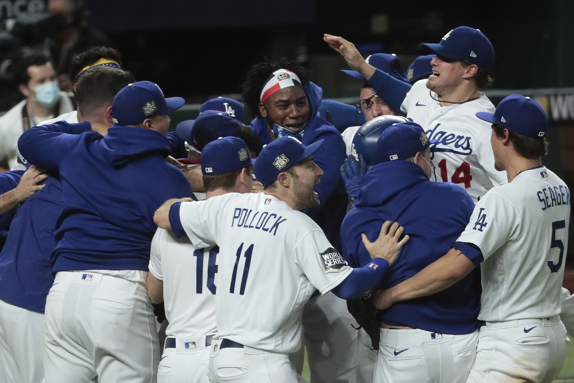 Dodgers players celebrate their World Series championship after defeating the Tampa Bay Rays.